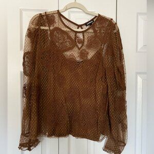 Express Lace Long Sleeve Crew Neck Top, Size XL, Brown